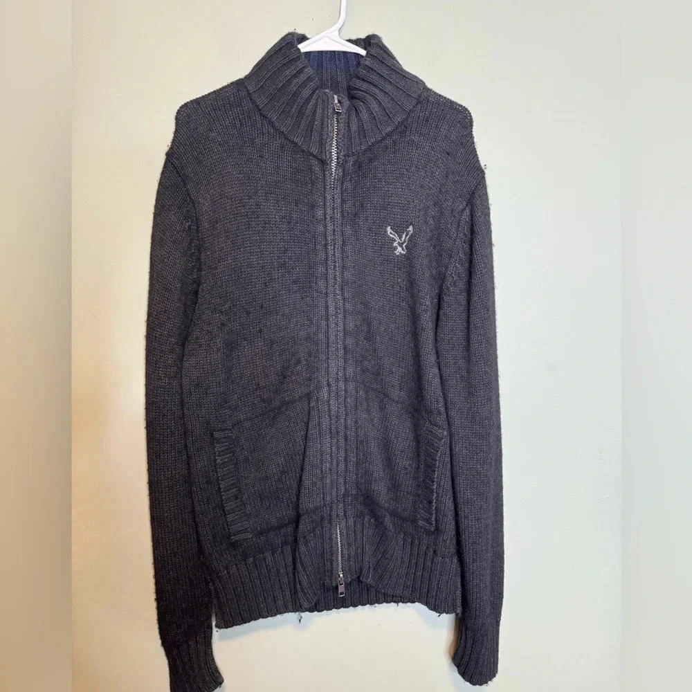 American Eagle Men’s Wool Blend Full Zip Sweater Large Black Pockets‎
